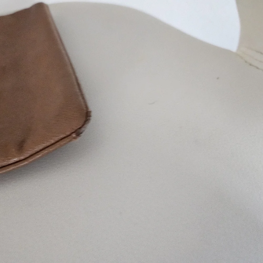 Coach Brown Saffiano Leather Wristlet Zip Pouch Gold Logo Strap.